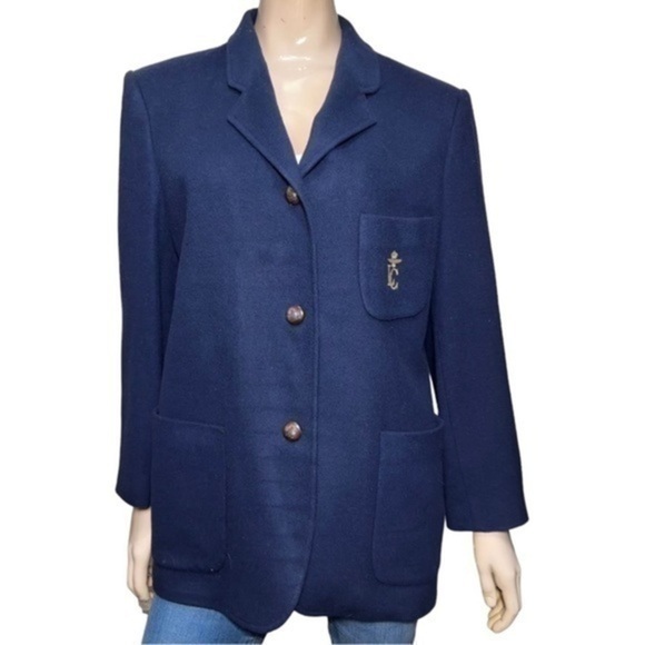 Les Copains Blue Eagle Women’s 44 M Wool Three Button Logo Chest Blazer Jacket - Picture 1 of 9
